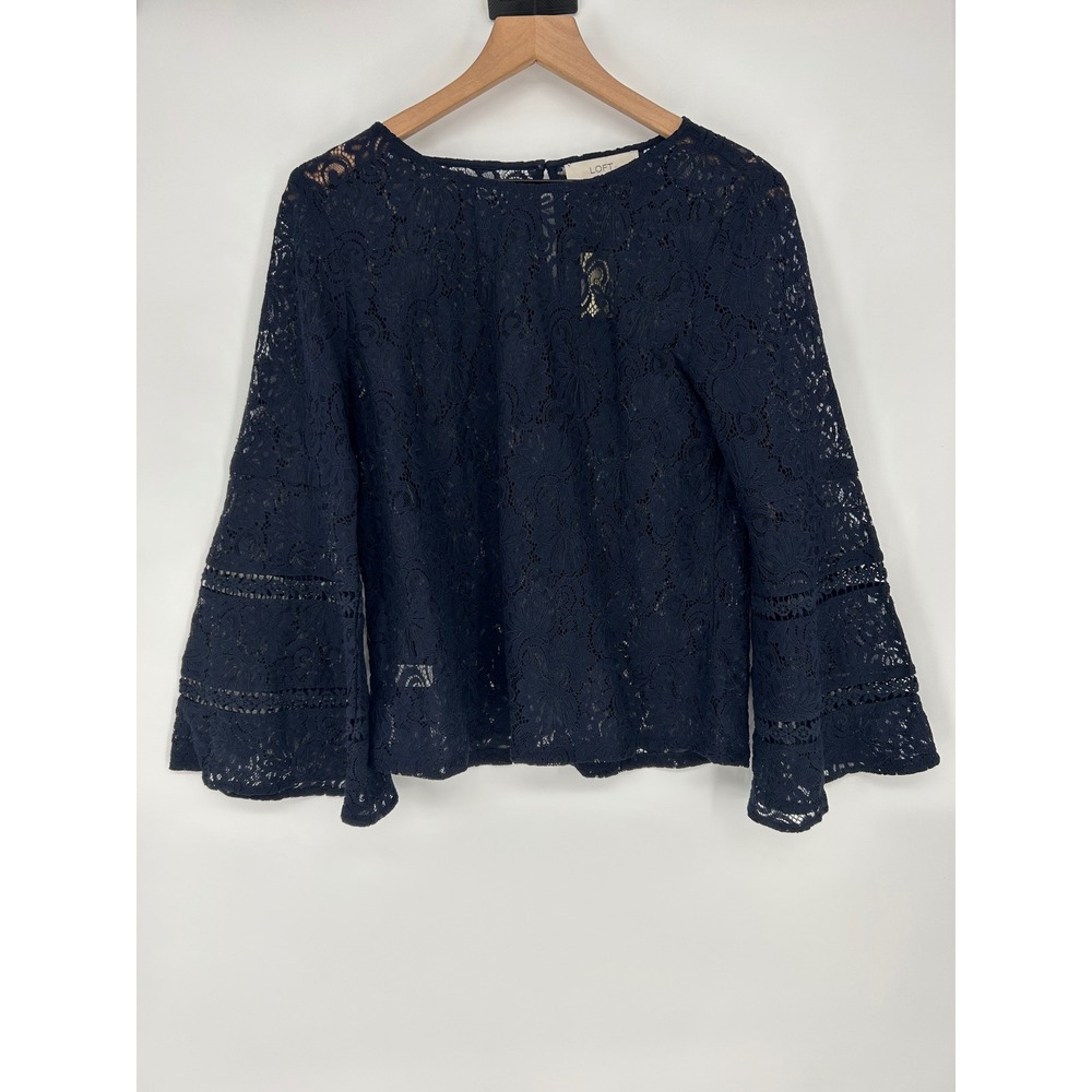 "NWT" Loft Medium Petite Navy Blue Lace Bell Sleeve Blouse- Fairycore Minimalist